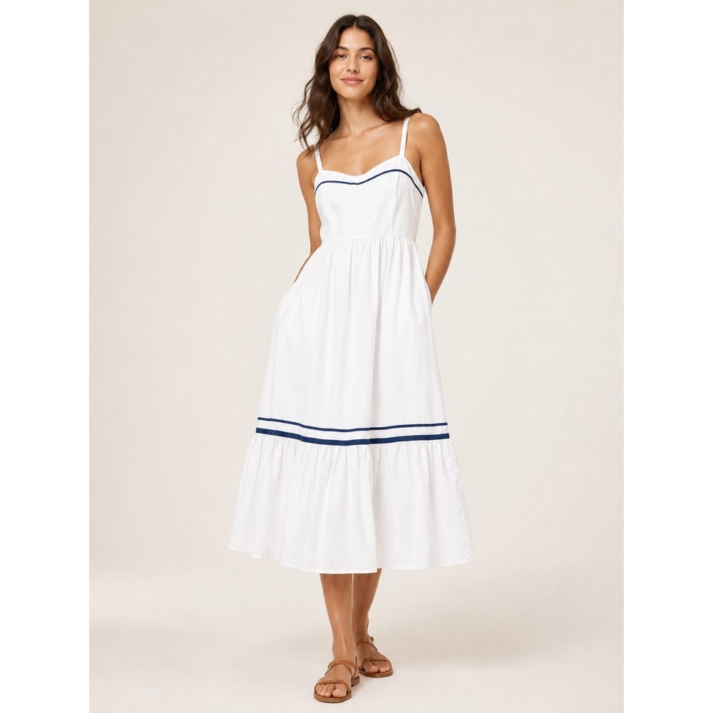 J.Crew Womens Navy Trim Tiered Midi Dress 14 Coastal Preppy White Sun Dress - Picture 1 of 15